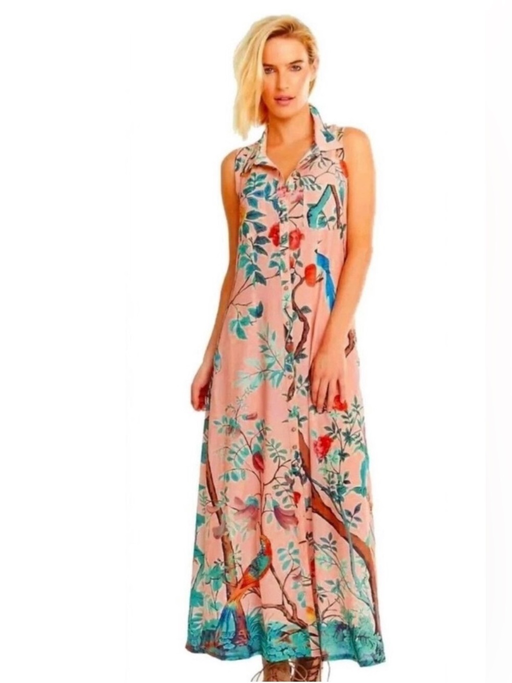 Soft Surroundings floral bird chinoiserie maxi shirt dress